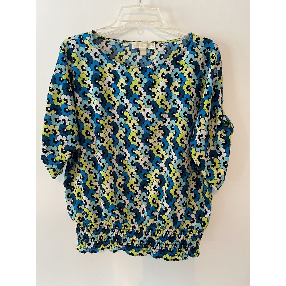 Michael Kors Short Sleeve Blouse Sz Large Smocked Hem Blue Teal Floral Designer